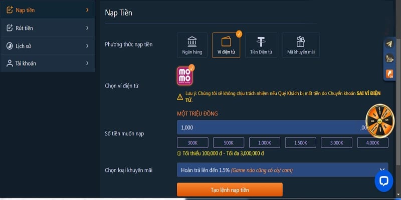 Chỉ với vài thao tác đơn giản để tăng vốn cược qua ví Momo